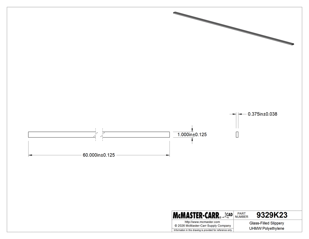 Technical Drawing of Glass-Filled Slippery UHMW Polyethylene, Abrasion-Resistant, 3/8" Thick, 1" Wide, 5 Feet Long.